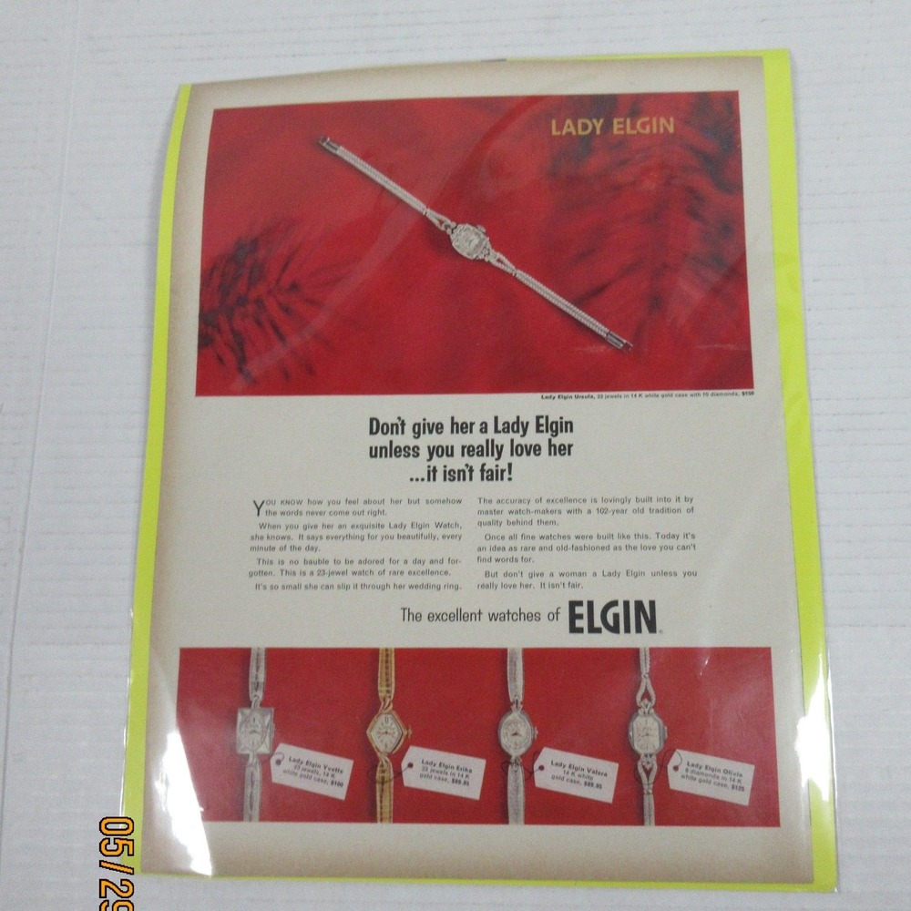 Vintage 1950 Lady Elgin Watch Print Ad 14K White Gold Diamonds Original Ephemera